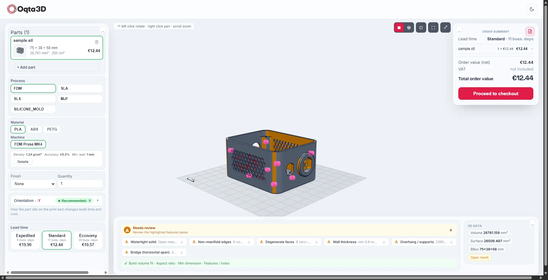 Oqta3D instant quote workspace: config, 3D viewer and order summary